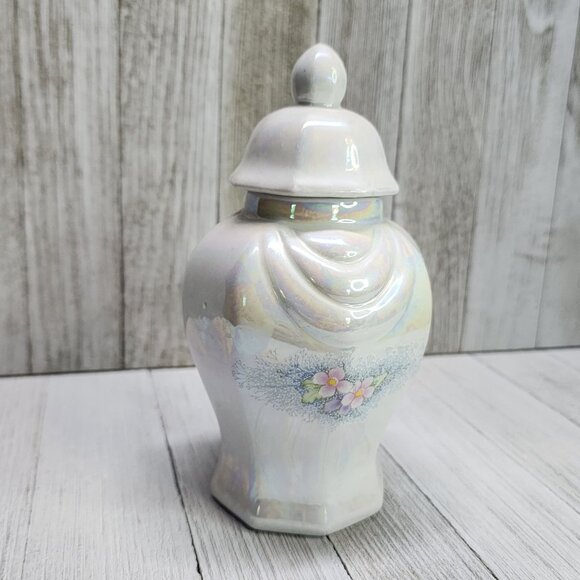 Vintage Lusterware Porcelain Storage Jar with Floral Design Blue and Pink - Picture 3 of 8